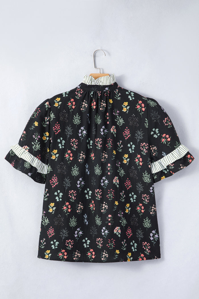 Black Contrast Frilled Trim Short Sleeve Floral Shirt