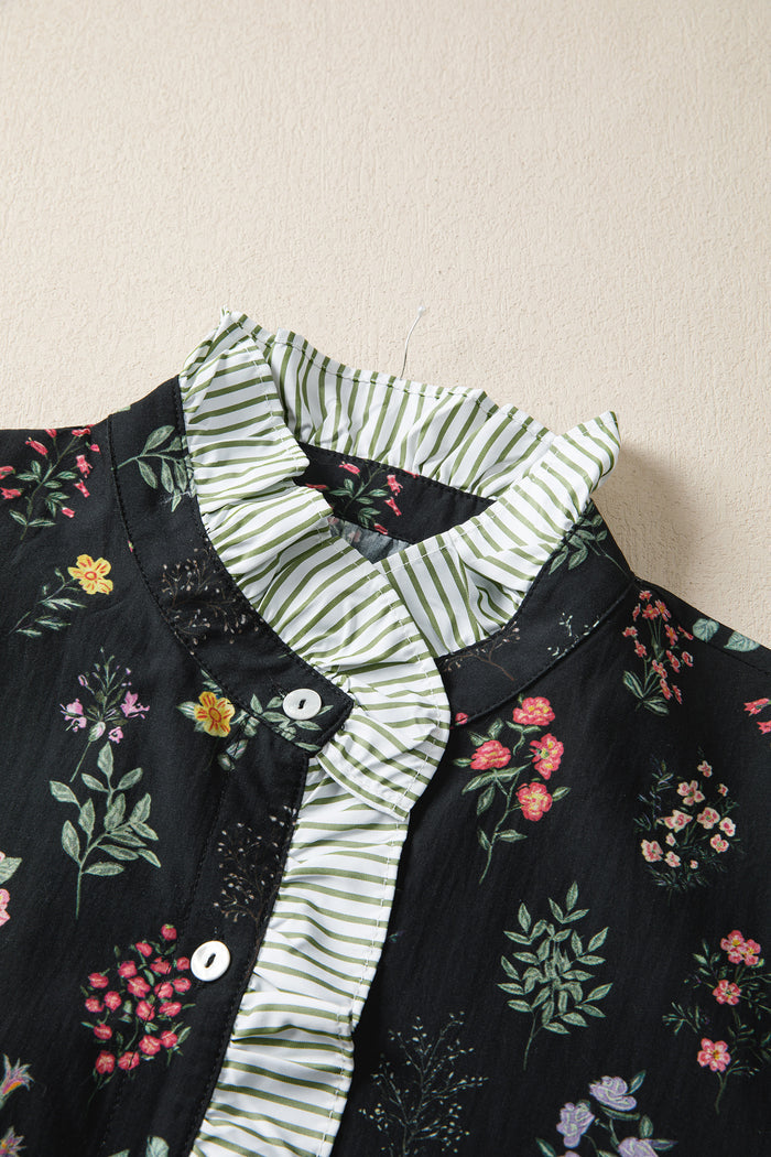 Black Contrast Frilled Trim Short Sleeve Floral Shirt