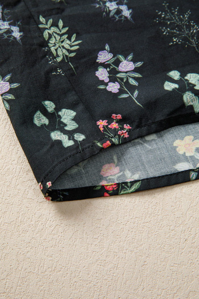 Black Contrast Frilled Trim Short Sleeve Floral Shirt