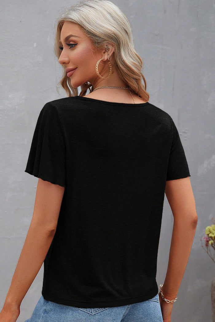 Black Crisscross V Neck Butterfly Sleeve T Shirt