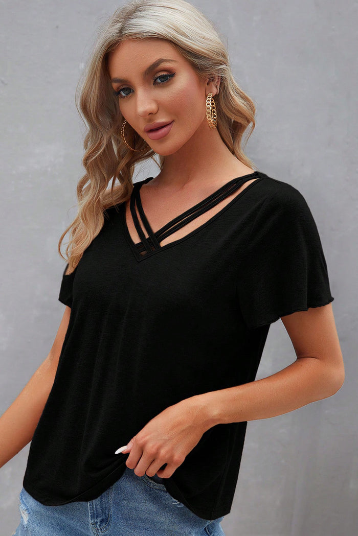 Black Crisscross V Neck Butterfly Sleeve T Shirt