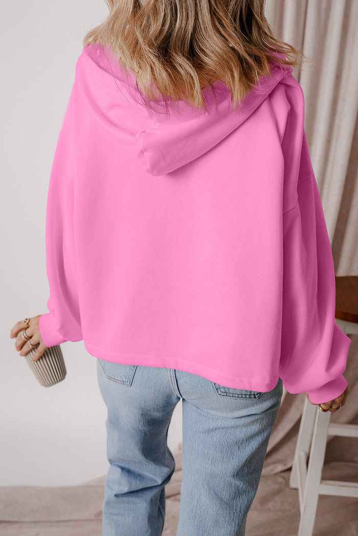 Black Fleece Lined Half Zipper Kangaroo Pockets Loose Hoodie
