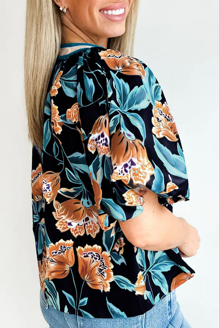 Black Floral Short Bubble Sleeve Buttoned Notched Neck Blouse