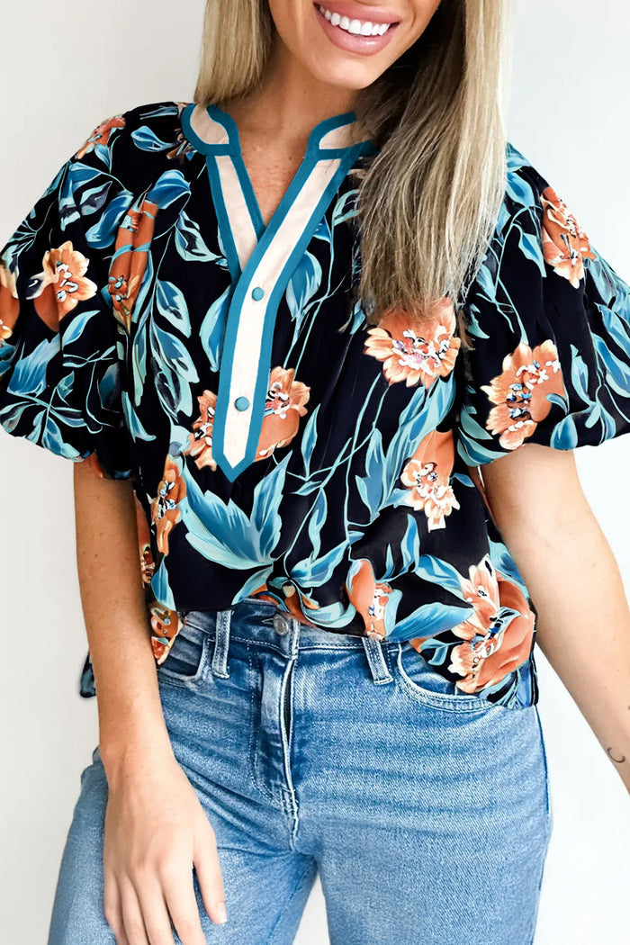 Black Floral Short Bubble Sleeve Buttoned Notched Neck Blouse