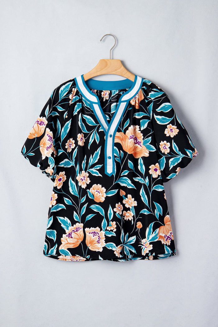 Black Floral Short Bubble Sleeve Buttoned Notched Neck Blouse