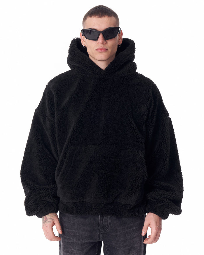 Black Plush Hoodie With Embroidery Print