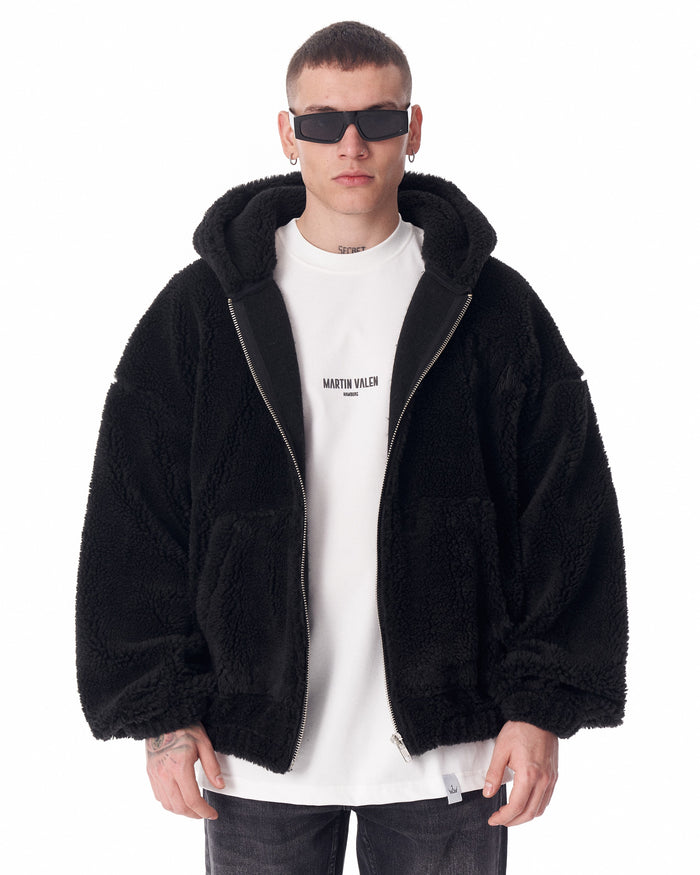 Black Plush Zipper Hoodie with 3D Embroidery (2)