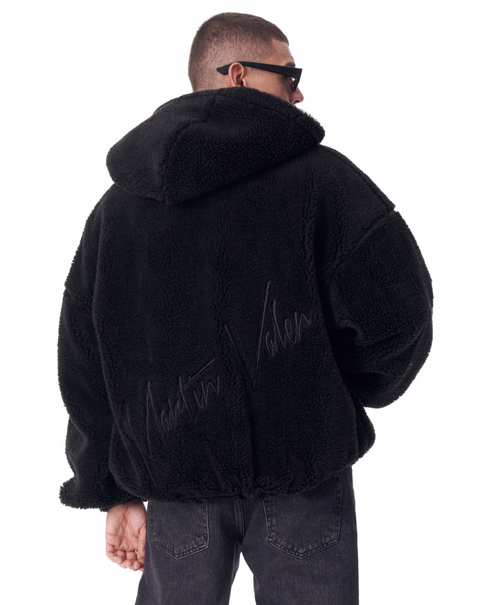 Black Plush Zipper Hoodie with 3D Embroidery (3)