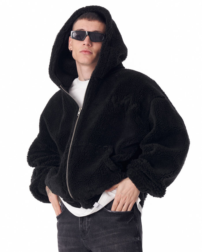 Black Plush Zipper Hoodie with 3D Embroidery (4)