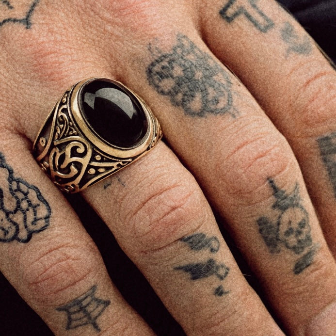 Black Stone Gold Tone Biker Ring