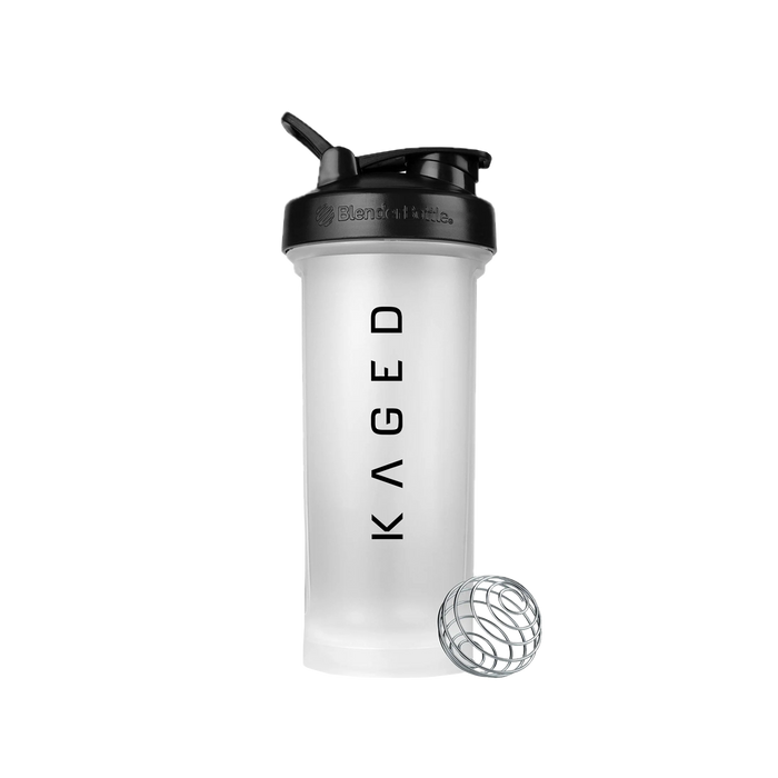 Front view of Blender Bottle Clear with black SpoutGuard lid, carry loop, KAGED logo, and BlenderBall whisk