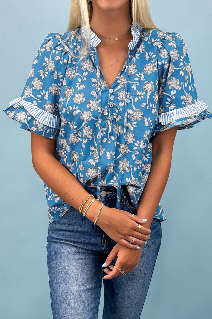Blue Floral Print Button Tie Neck Striped Detail Short Sleeve Blouse