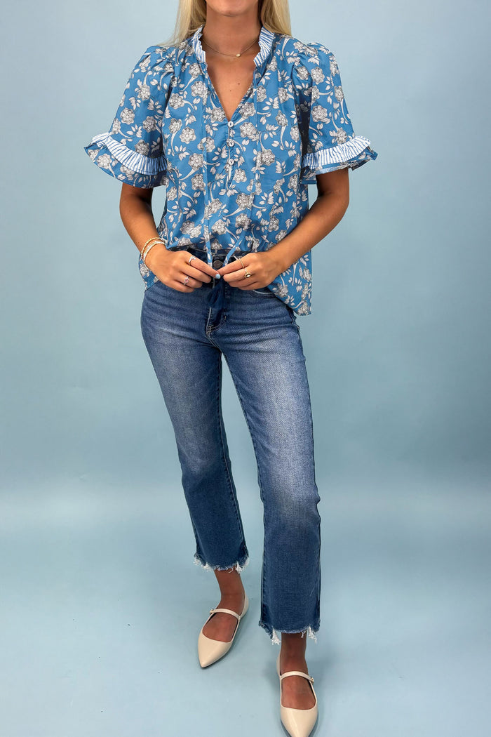 Blue Floral Print Button Tie Neck Striped Detail Short Sleeve Blouse