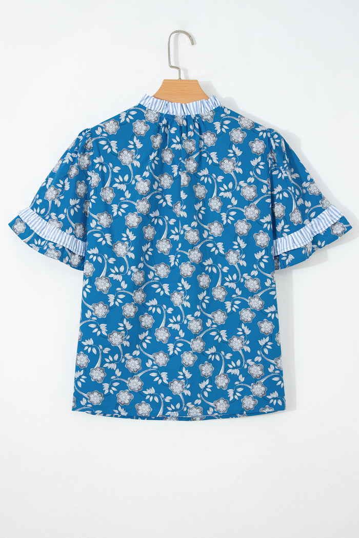 Blue Floral Print Button Tie Neck Striped Detail Short Sleeve Blouse