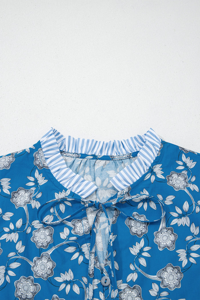 Blue Floral Print Button Tie Neck Striped Detail Short Sleeve Blouse