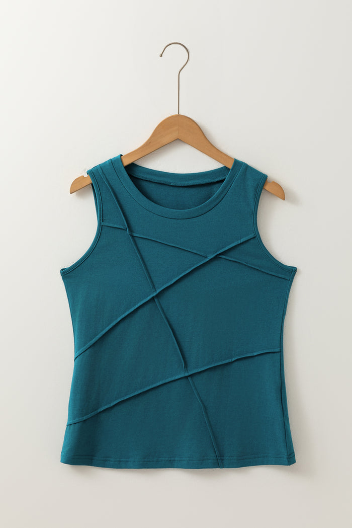 Blue Sapphire Solid Color Stitching Detail Round Neck Tank Top