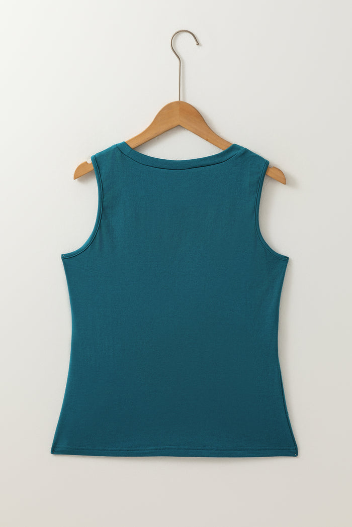 Blue Sapphire Solid Color Stitching Detail Round Neck Tank Top