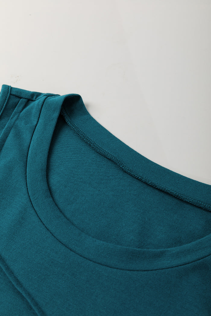 Blue Sapphire Solid Color Stitching Detail Round Neck Tank Top