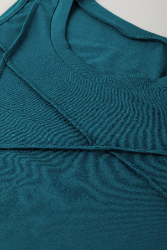 Blue Sapphire Solid Color Stitching Detail Round Neck Tank Top