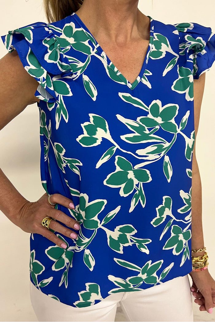 Blue V Neck Floral Print Double Ruffled Short Sleeve Blouse