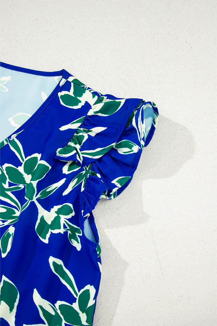 Blue V Neck Floral Print Double Ruffled Short Sleeve Blouse