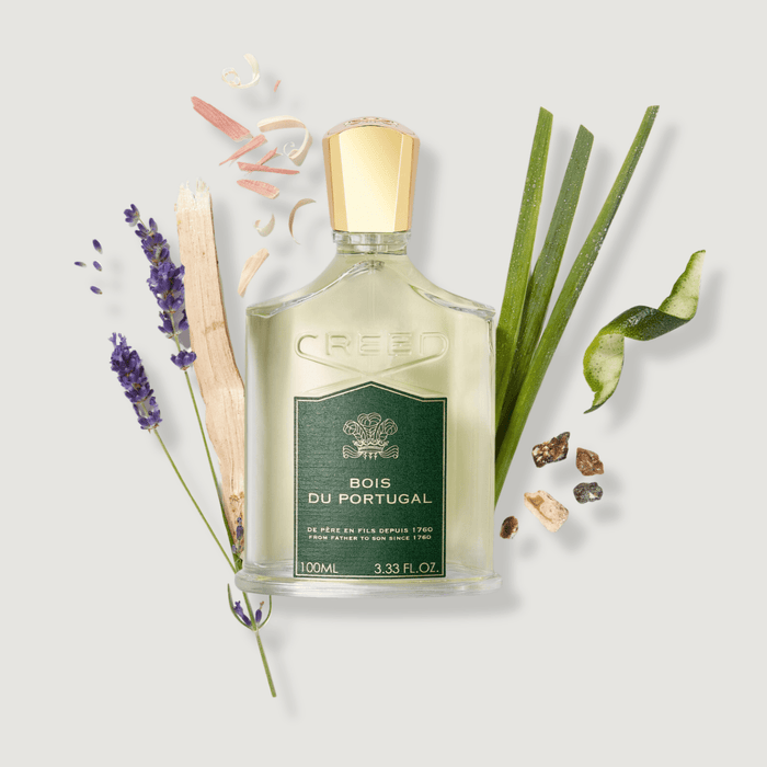 Creed Bois du Portugal 100ml with lavender, cedarwood and botanical ingredients - Flat Lay | Creed Fragrances