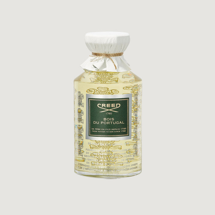 Creed Bois du Portugal 240ml Flacon with Gold Filigree and White Linen Stopper - Front View | Creed Fragrances
