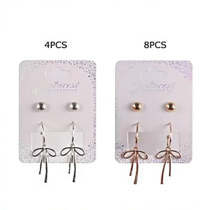 Bow Dangle Drop Earrings Set with Studs – Gold & Silver Tone Ribbon Earrings Set (EF-2125GS)