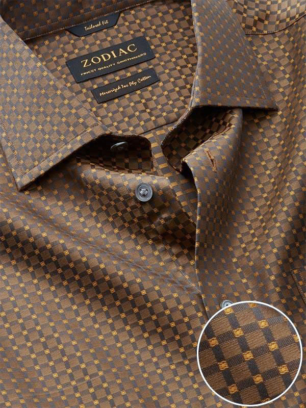 Bruciato Ochre Check Full Sleeve Single Cuff Tailored Fit Semi Formal Dark Two Ply Mercerized Cotton Shirt