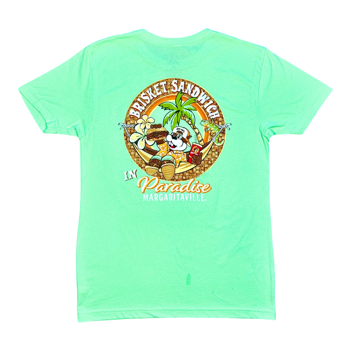 Green t-shirt - "Brisket Sandwich In Paradise" printed text