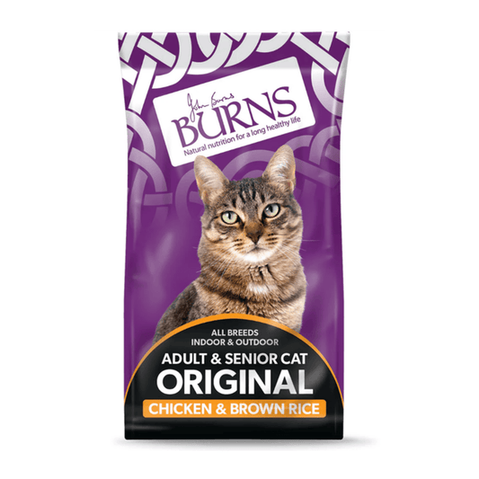White background with a purple bag of Burns Adult Cat food. On the bag an adult brown tabby cat is pictured with text 'All Breeds, Indoor & Outdoor, Adult & Senior, Original, Chicken & Brown Rice'