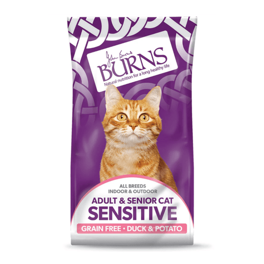 White background with a purple bag of Burns Sensitive Adult Cat food. On the bag an adult ginger tabby cat is pictured with text 'All Breeds, Indoor & Outdoor, Adult & Senior, Sensitive, Grain Free, Duck & Potato'.