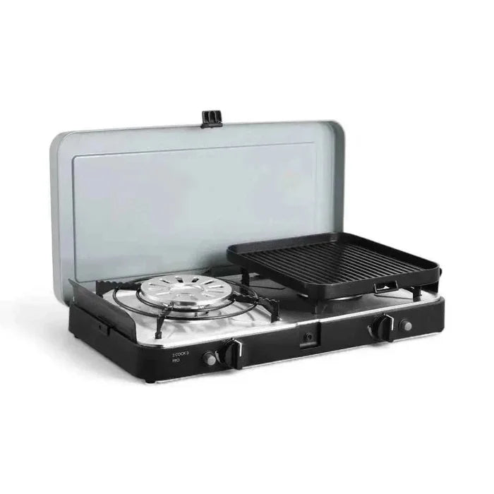 CADAC 2 Cook 3 Pro Deluxe portable dual burner gas barbecue with flat and ribbed ceramic plates for outdoor cooking