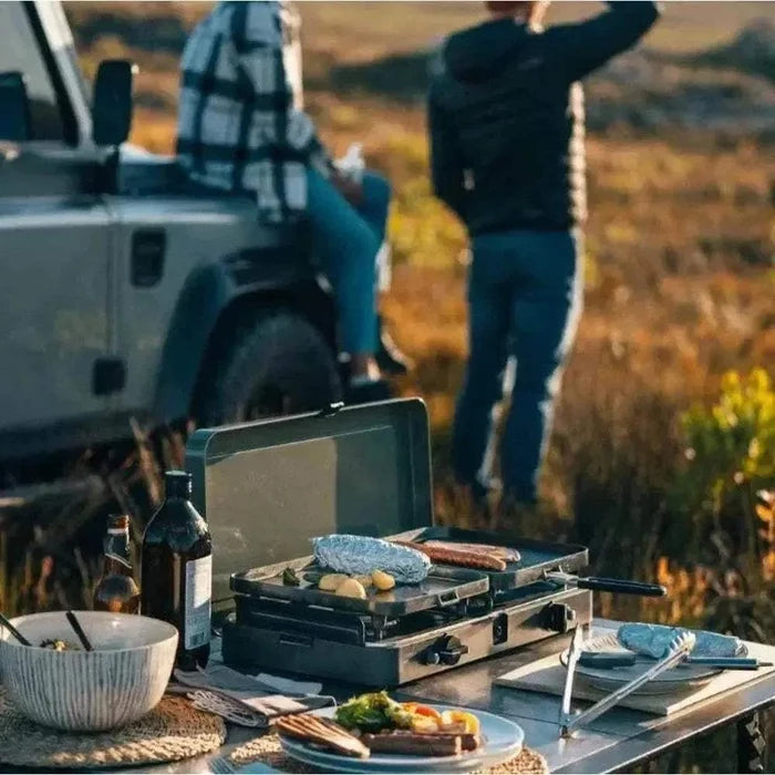 CADAC 2 Cook 3 Pro portable dual burner gas barbecue with flat and ribbed ceramic plates for outdoor cooking