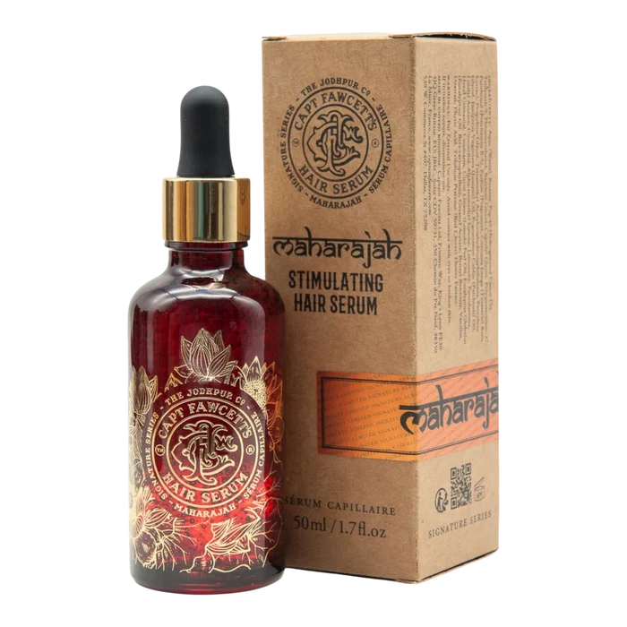 Captain Fawcett Maharajah stimulerende hårserum i rød glassflaske med pipette og original eske