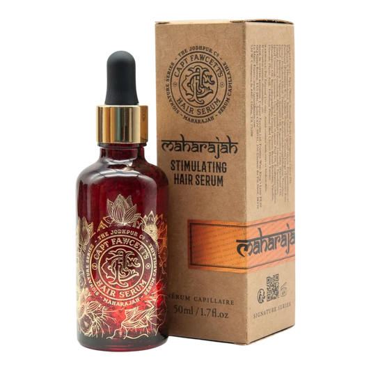 Captain Fawcett Maharajah stimulerende hårserum i rød glassflaske med pipette og original eske