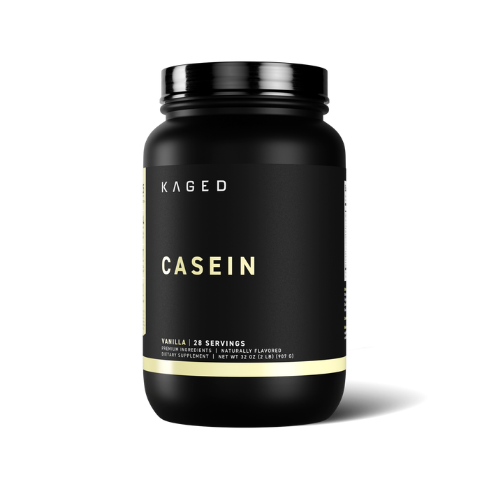 Front view of Kaged Casein protein tub, vanilla flavor, 28 servings, label text on black container against white background #flavor_vanilla