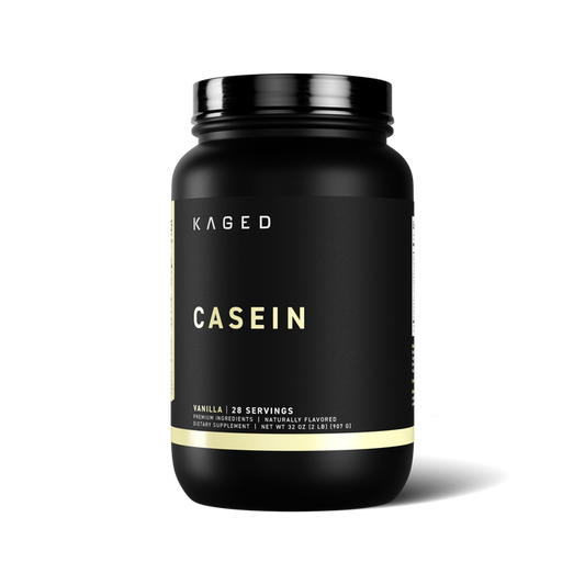 Front view of Kaged Casein protein tub, vanilla flavor, 28 servings, label text on black container against white background #flavor_vanilla
