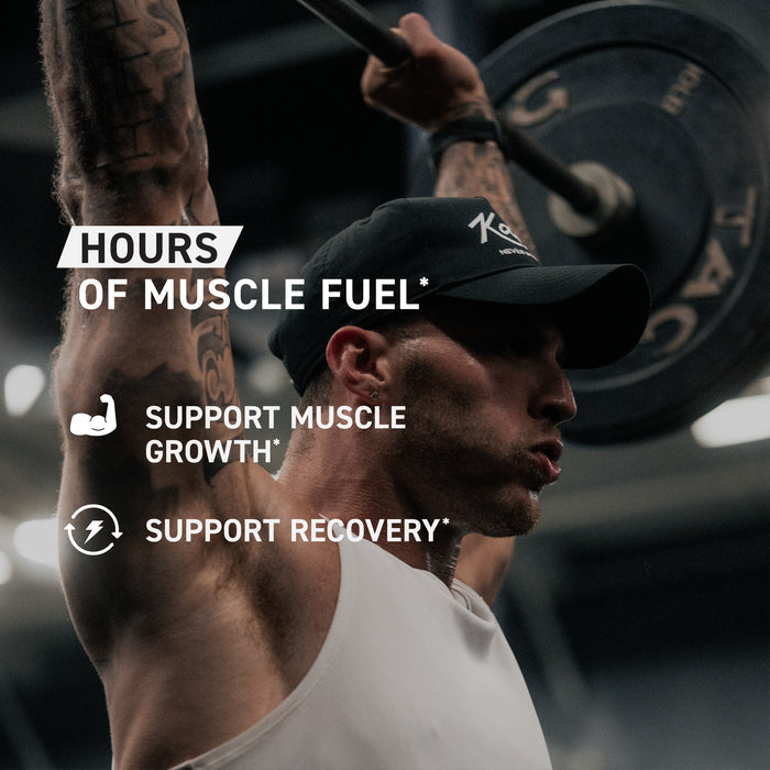 Man pressing a barbell overhead in a gym with overlay Hours of Muscle Fuel and notes Support Muscle Growth and Support Recovery
