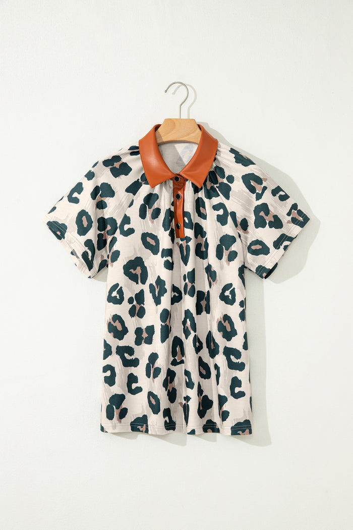 Casual Unique Leopard Print Button Contrast Collared Short Sleeve Blouse