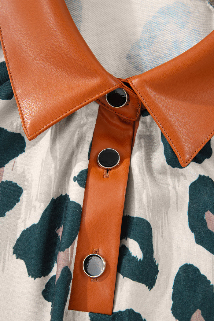 Casual Unique Leopard Print Button Contrast Collared Short Sleeve Blouse