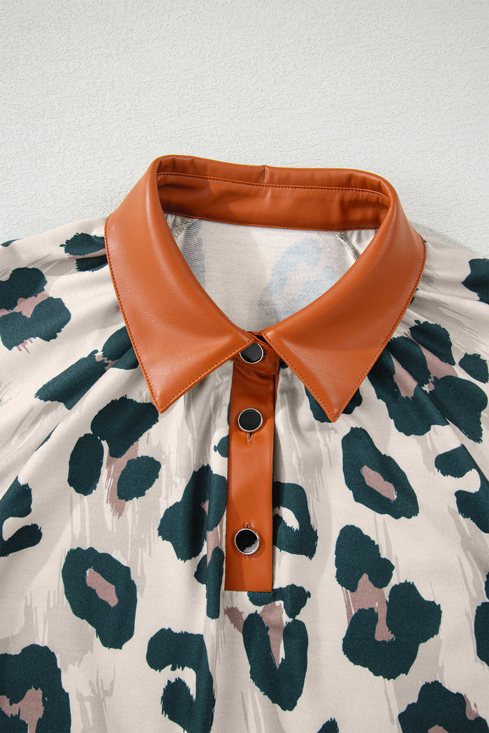 Casual Unique Leopard Print Button Contrast Collared Short Sleeve Blouse