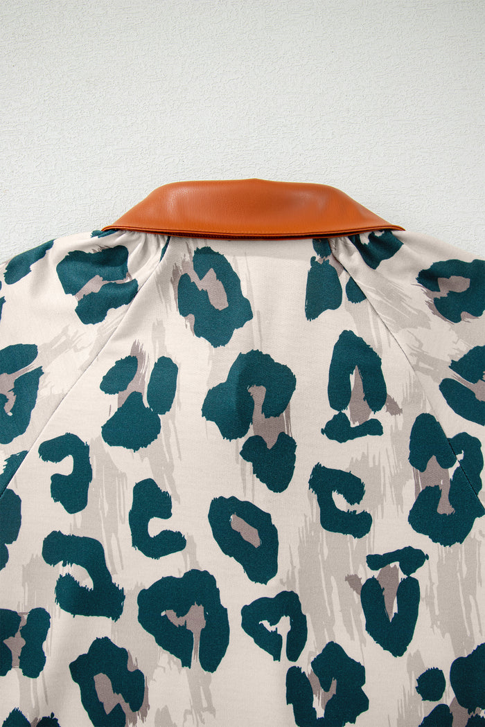 Casual Unique Leopard Print Button Contrast Collared Short Sleeve Blouse