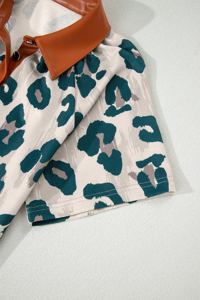 Casual Unique Leopard Print Button Contrast Collared Short Sleeve Blouse