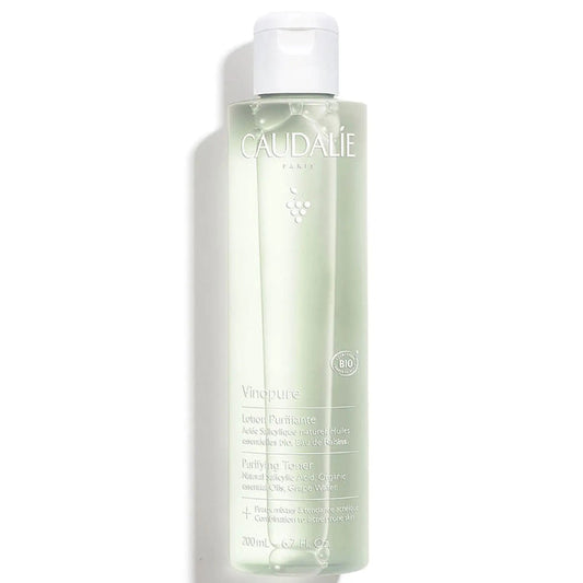Caudalie Vinopure Purifying Toner in a 200ml bottle, part of Caudalie's skincare line, with clear liquid and minimalist packaging