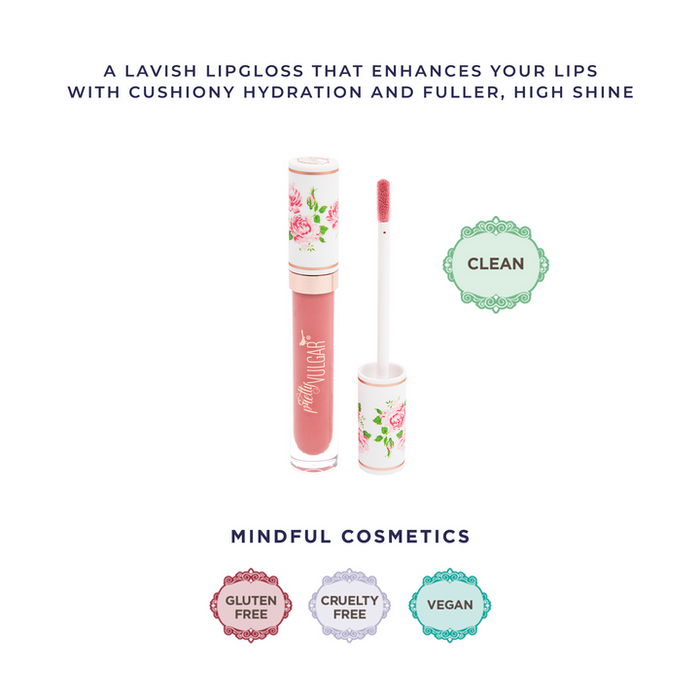 Tube and applicator of CEO of Lip Gloss | Pretty Vulgar featuring floral design, highlighting clean, gluten free, cruelty free, and vegan mindful cosmetics with a moisturizing, high-shine finish.