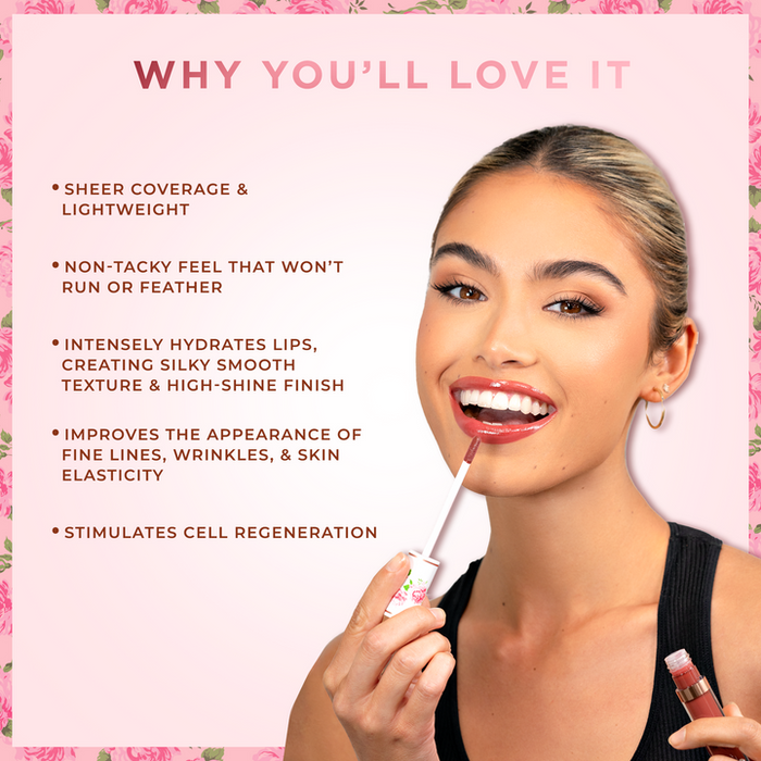 Smiling woman applying shiny lip gloss with doe-foot applicator, showcasing benefits like sheer coverage, hydration, and improved skin elasticity for CEO of Lip Gloss | Pretty Vulgar.