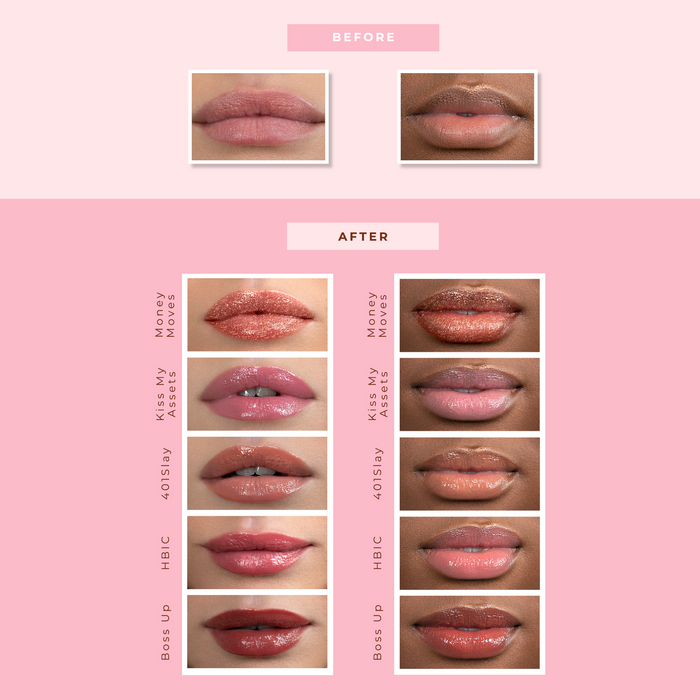 Before and after comparison showing different shades of CEO of Lip Gloss | Pretty Vulgar on two sets of lips, with glossy finishes in colors like rose, nude, and deep berry tones.