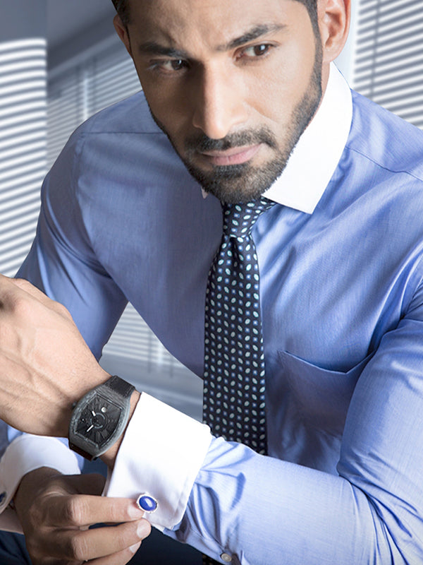 Chambray Sky Solid Full Sleeve Double Cuff Classic Fit Classic Formal Two Ply Mercerized Cotton Shirt