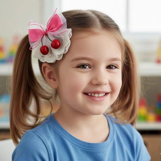 Cherry Blossom Satin Bow Hair Clip – Lace Ruffle Coquette Hair Accessory (YBR-1943)